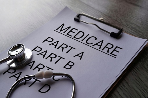 Close up image of stethoscope and paper clipboard with text MEDICARE and part list. Medical and healthcare concept