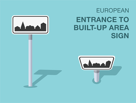 Traffic regulation rules. Isolated european entrance to buil-up area sign. Front and top view. Flat vector illustration template.