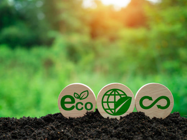 istock Concepts of waste reduction, pollution, reuse, efficient use of resources. Environmental protection sign by recycling on circular wooden board on nature background. 1579871411