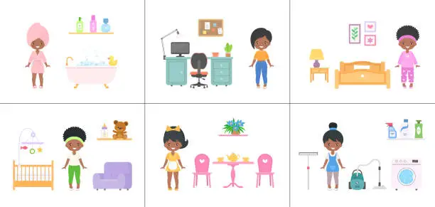 Vector illustration of African American girls in different rooms