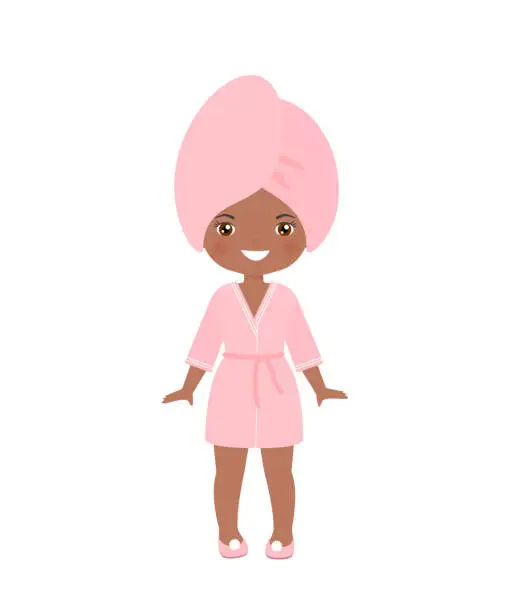 Vector illustration of African american girl dressing in bathrobe