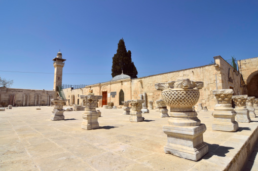 Ancient artifacts and minaret on Temple Mount in Jerusalem, Israel.
