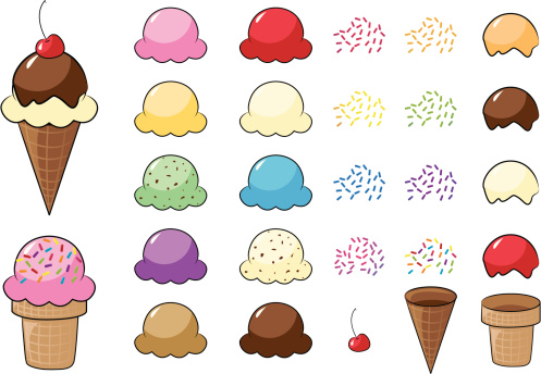 A vector illustration of a variety of ice cream cone parts: cones, scoops of ice cream, sprinkles, toppings and a cherry. Pieces are grouped and can very easily be rearranged into any kind of ice cream cone you like! AI10 and AI12 files also included.