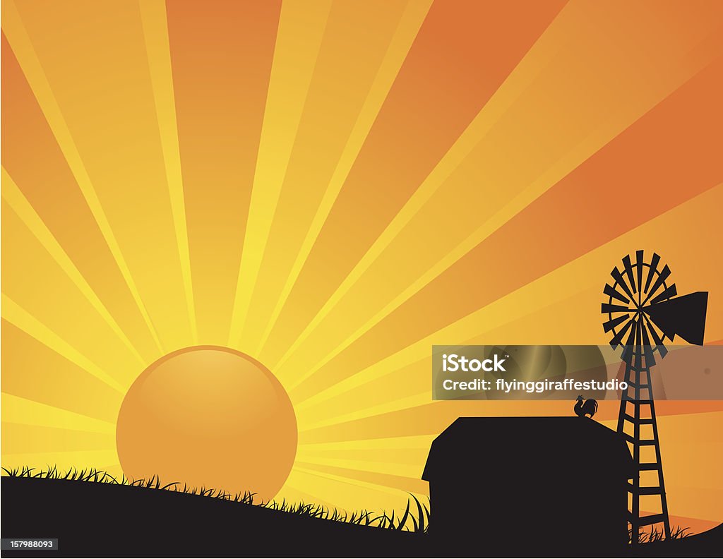 Farm Sunrise 1 A vector illustration of a barn, windmill and rooster silhouetted against the sunrise. Files included: EPS8, AI12, AI10 and Hi Res JPEG. Barn stock vector