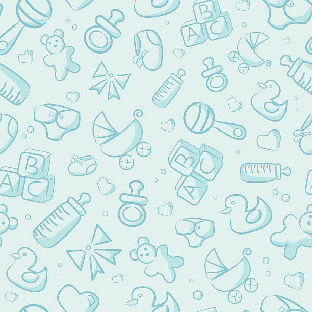 Seamless Blue Baby Background A vector background of blue baby objects. Repeats seamlessly top to bottom and left to right. Global colors used, no gradients. File includes the pattern as a swatch, as well as an extra AICS2 file with the un-cropped shapes. Files included: AICS2, EPS8 and Large High Res JPG. baby shower stock illustrations