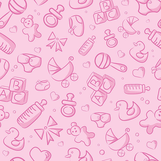 Seamless Pink Baby Background A vector background of pink baby objects. Repeats seamlessly top to bottom and left to right. Global colors used, no gradients. File includes the pattern as a swatch, as well as an extra AICS2 file with the un-cropped shapes. Files included: AICS2, EPS8 and Large High Res JPG. baby shower stock illustrations