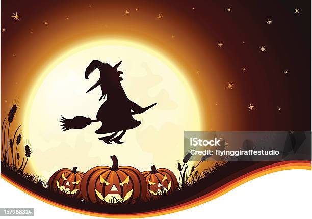 Jack Olanterns Bruxa E Lua Cheia - Arte vetorial de stock e mais imagens de Dia das Bruxas - Dia das Bruxas, Plano de Fundo, Relva