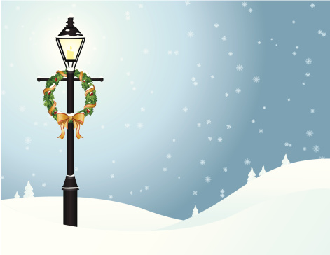 A vector illustration of a lamp post with a wreath in a winter landscape. Objects are grouped and layered for easy editing. Files included: AI12, EPS8 and Large High Res JPG.