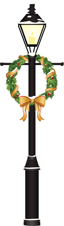 A vector illustration of a lamp post with a holiday wreath hanging from it. Objects are grouped and layered for easy editing. Files included: AI12, EPS8 and Large High Res JPG.