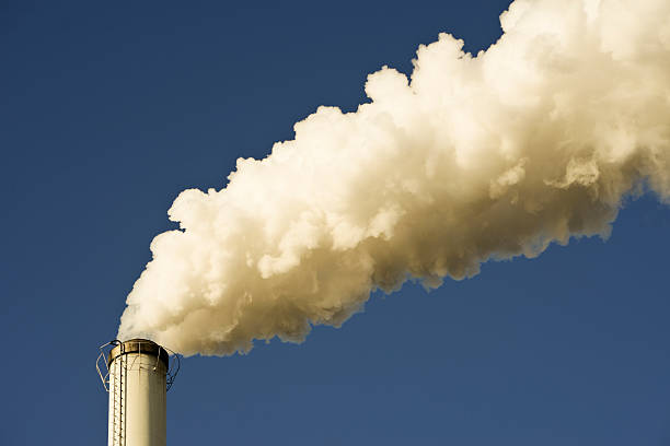 Smoke In The Air Chimneys at a factory producing sugar from sugar beets. hott stock pictures, royalty-free photos & images