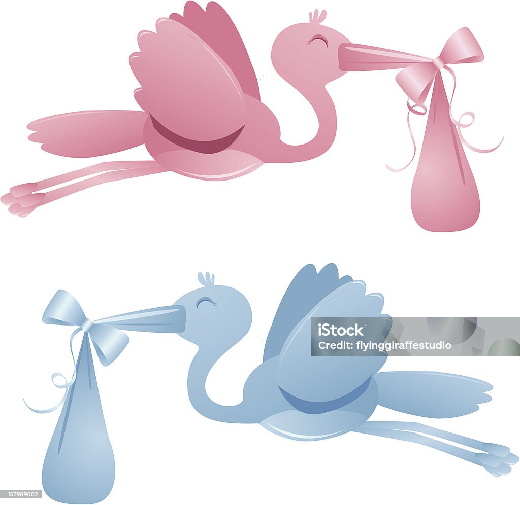 Flying Storks with Baby Delivery A vector illustration of two flying storks carrying babies in sacks; one pink for a girl and one blue for a boy. Objects are grouped and layered for easy editing. Files included: AICS2, EPS8 and Large High Res JPG. Stork stock vector