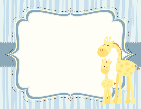A vector illustration of a cute mother giraffe and baby giraffe on a blue striped background with copy space. Objects are grouped and layered for easy editing. Files included: AICS5, EPS8 and Large High Res Jpg.