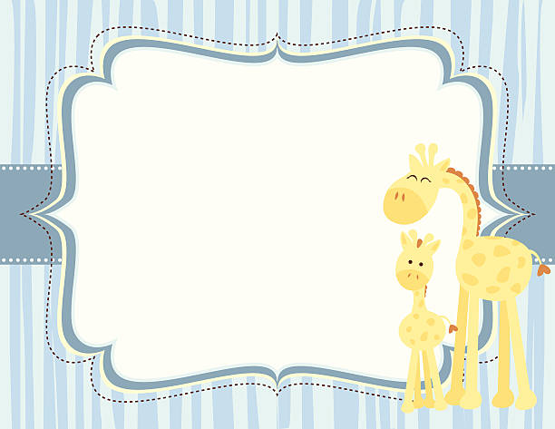 Cute Giraffe Baby Boy Card A vector illustration of a cute mother giraffe and baby giraffe on a blue striped background with copy space. Objects are grouped and layered for easy editing. Files included: AICS5, EPS8 and Large High Res Jpg. giraffe calf stock illustrations
