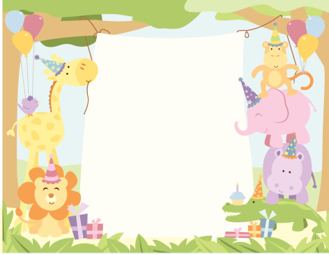 A vector illustration of cute safari animals (giraffe, lion, monkey, bird, hippo, elephant, and crocodile) ready for a birthday party! They are hanging a banner with copy space for you! Objects are grouped and layered for easy editing. Files included: AICS5, EPS8 and Large High Res JPG.