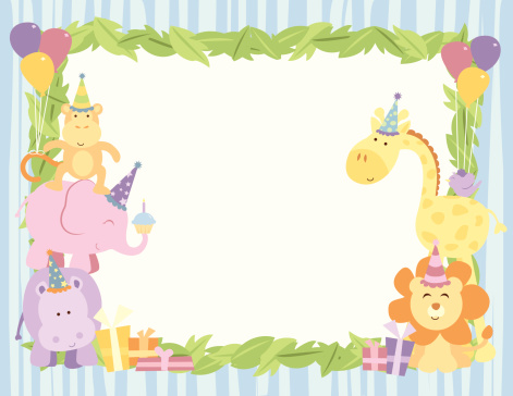 A vector illustration of some cute safari animals (giraffe, monkey, elephant, bird, hippo and lion) ready for a birthday party! Objects are grouped and layered for easy editing. Files included: AICS5, EPS8 and Large High Res JPG.