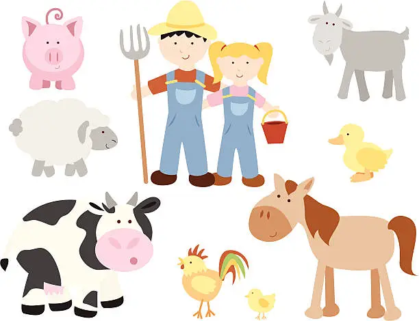 Vector illustration of Farm Animals and Farmers Set