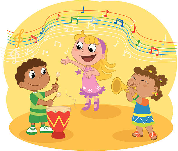Young Music band Children playing and singing. Black and white illustration. cartoon of a african bongo drums stock illustrations