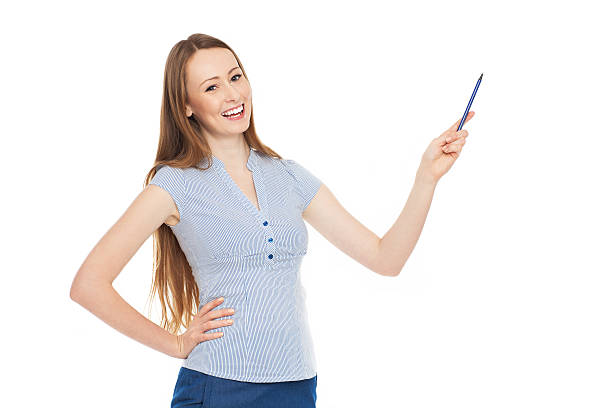 istock Businesswoman pointing up 157989647