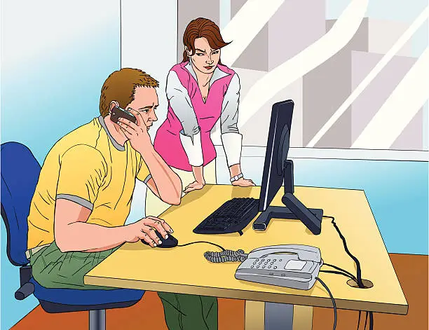 Vector illustration of IT guy and his female boss