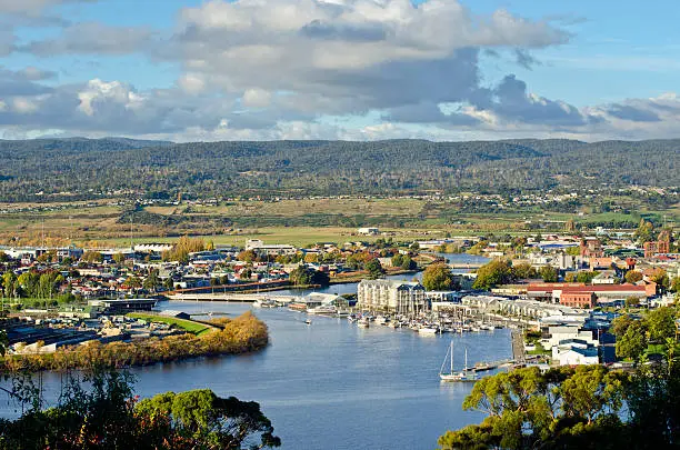 Launceston on the Tamar River, Tasmania, Australia. The city is built at the juncture of the North Esk, South Esk, and Tamar rivers. Launceston is the second largest city in Tasmania after the state capital Hobart.