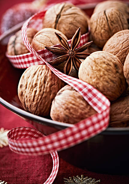 close up of walnuts and star anise for christmas