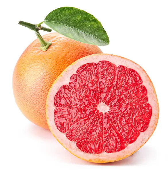 Grapefruit with slices on a white background.
