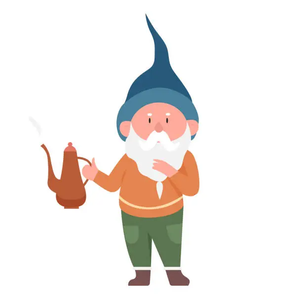 Vector illustration of Gnome with tea kettle