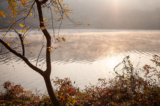 Lake Chuzenji (Chuzenjiko, 中禅寺湖) near Nikko in Japan. Photographed on a beautiful still morning in autumn at sunrise.