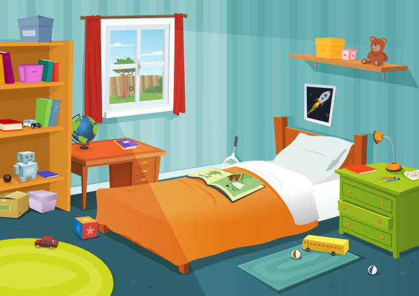 Some Kid Bedroom Vector illustration of a cartoon children bedroom with boy or girl lifestyle elements, toys, bed, books, desk, bookshelf, teddy bear. File is EPS10 and uses overlay transparency at 30% on light ray from window and multiply transparency at 40% for wall  bedroom stock illustrations