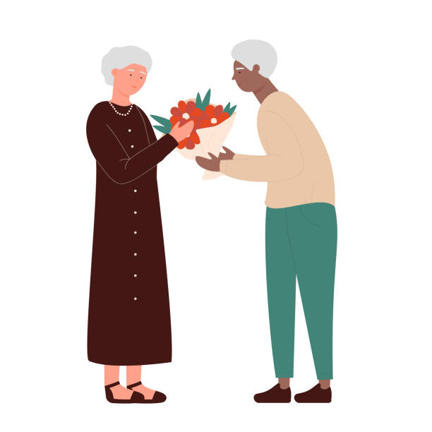 пожилой мужчина дарит цветок жене - senior women senior adult bench flower stock illustrations