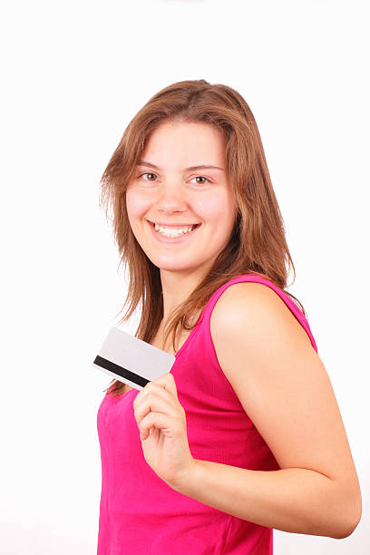 istock Happy young girl with discount card 157998344