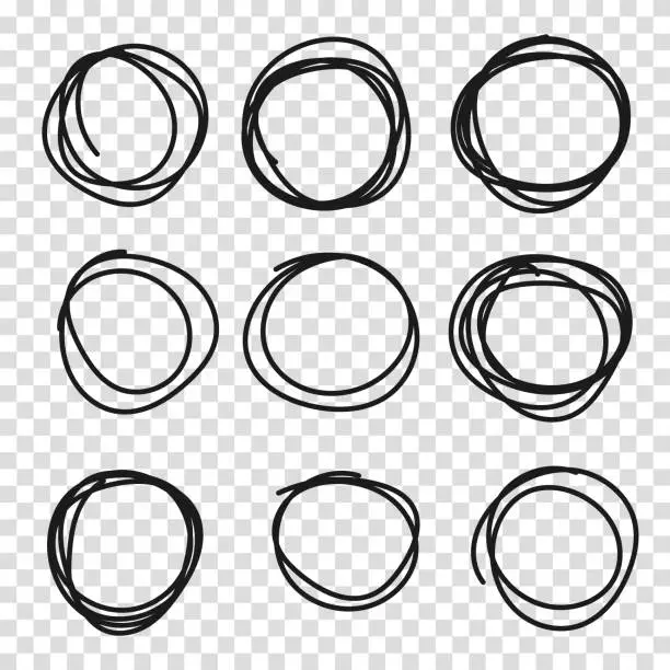 Vector illustration of Hand drawn circle or oval line sketch set. Hand drawing circular scribble doodle round circles. Vector illustration for message note mark design element on a transparent background.
