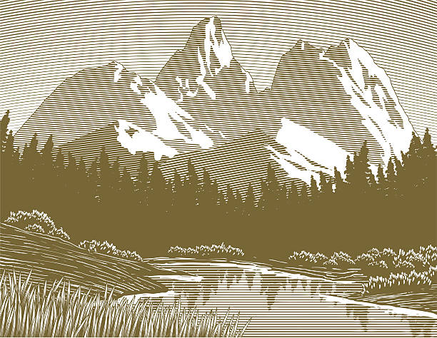 ilustraciones, imágenes clip art, dibujos animados e iconos de stock de lago de montaña escena grabado en madera - scratchboard