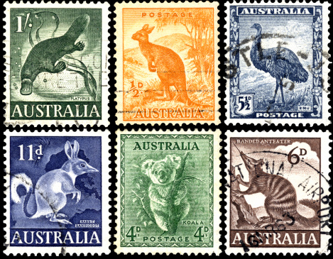 Old postage stamps of Australia,  Circa 1937.