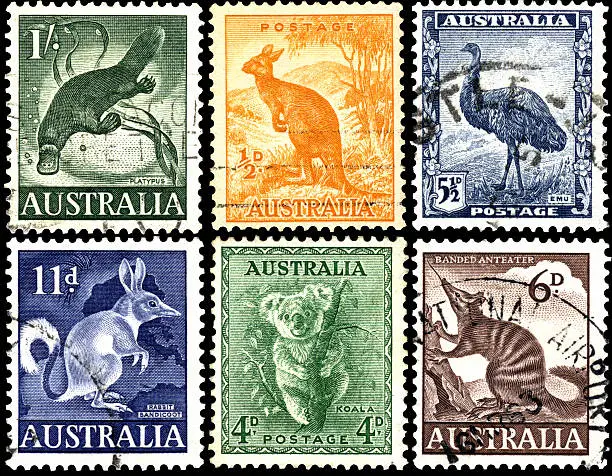 Old postage stamps of Australia,  Circa 1937.