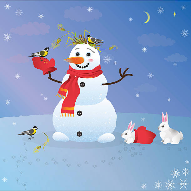 Snowman with birds and bunnies vector art illustration