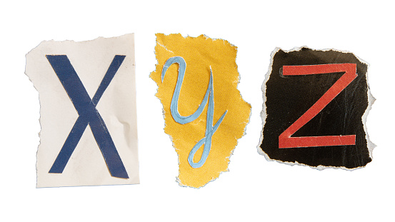 X, Y and Z alphabets on torn colorful paper with clipping path. Ransom note style letters.