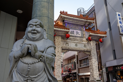 Kobe, Japan - August 18, 2022 : Kobe Chinatown in Hyogo Prefecture, Japan. Many Chinese restaurants are located in Chinatown, it is a popular tourist attraction and dining district.