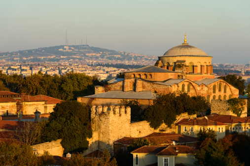 Oldest Byzantine church in Istanbul, Hagia Irene, at sunset in horizontal orientation