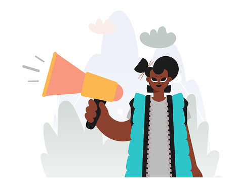 Locks in Voices in Activism, Energized woman with Bullhorn, Refute this thought Rally Subject. Trendy style, Vector Illustration