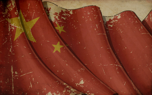 Illustration of a rusty Chinese flag printed on old paper.