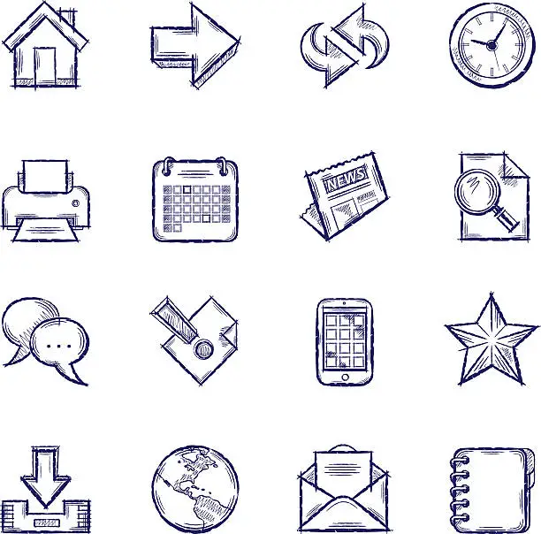 Vector illustration of Set of 16 line drawn icon graphics with internet news theme
