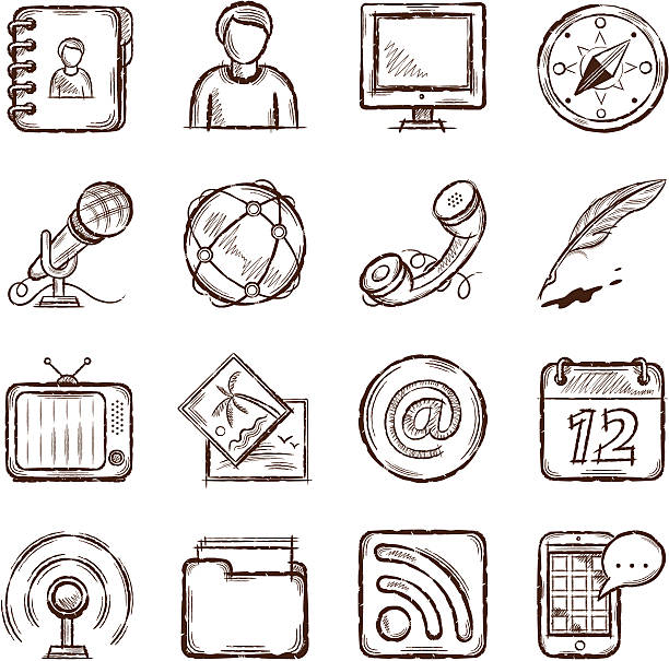 Communication Icons handwriting style icon set microphone drawings stock illustrations