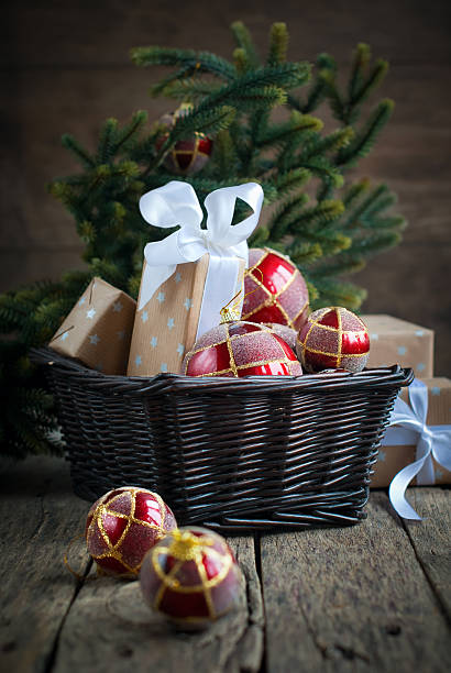istock Chrisrmas Card with Red Balls and Boxes 158002135