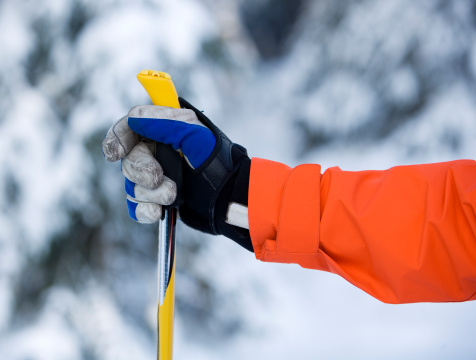 Hand and ski pole with selective focus