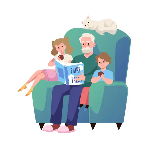 Vector illustration of Bearded grandfather sits in big armchair with children and reads fairy tale flat style