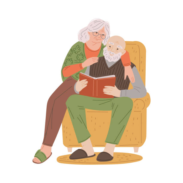 漫画の祖父母が素敵な抱擁をし、居心地の良い椅子で本を読み、一緒に楽しく時間を過ごし、ベクター落書きイラスト - senior couple senior adult embracing grandmother点のイラスト素材／クリップアート素材／マンガ素材／アイコン素材