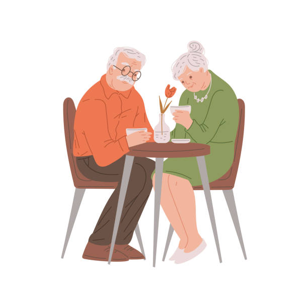 漫画の祖父母はテーブルに座って飲み、素敵なベクター落書きのイラストを一緒に楽しく過ごす - senior couple senior adult embracing grandmother点のイラスト素材／クリップアート素材／マンガ素材／アイコン素材
