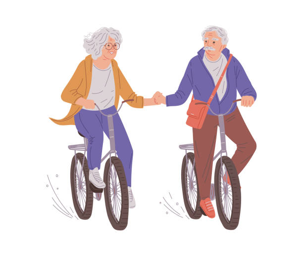 自転車に乗って手をつないで、楽しく一緒に時間を過ごす漫画の祖父母、ベクター落書きイラスト - holding hands couple senior couple togetherness点のイラスト素材／クリップアート素材／マンガ素材／アイコン素材