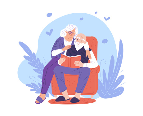 Cartoon grandmother and grandfather lovely hugging and read a book in cozy chair, happily spend time together. Grandparents day vector doodle lovely illustration blue background with floral and hearts